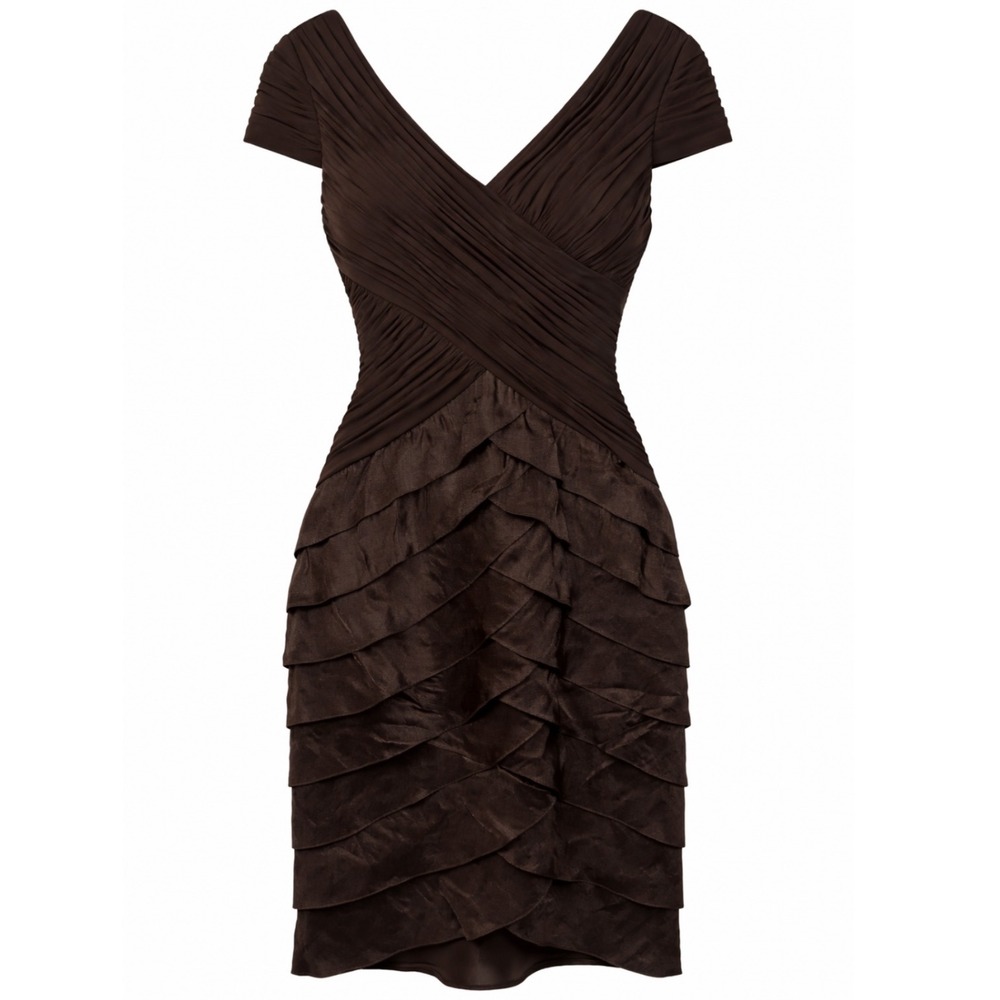 Adrianna Papell Cocktail Dress Womens 4 Brown Ruched‎ Tiered Sheath Cap Sleeve